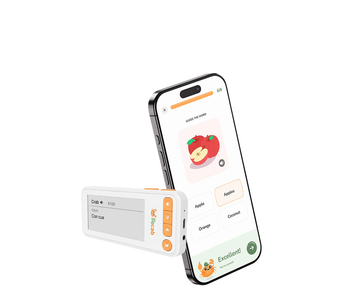 Recab device with iPhone showing vocabulary app